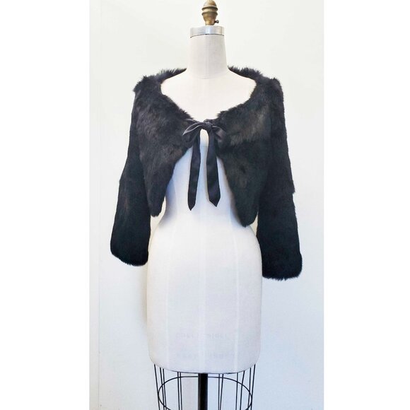 Vintage Y2K BEBE Black 100% Rabbit Fur Silk Bow Crop Bolero Shawl Jacket S - Picture 3 of 10